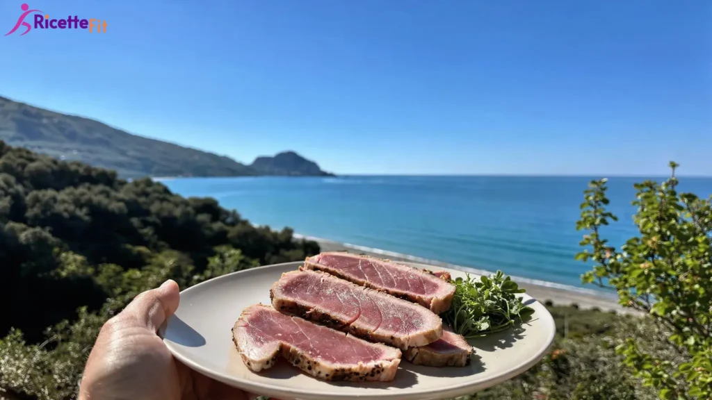 Tagliata di tonno scottato con sesamo e germogli vista mare a Cefalù