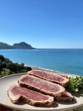 Tagliata di tonno scottato con sesamo e germogli vista mare a Cefalù