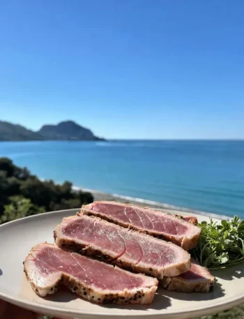 Tagliata di tonno scottato con sesamo e germogli vista mare a Cefalù