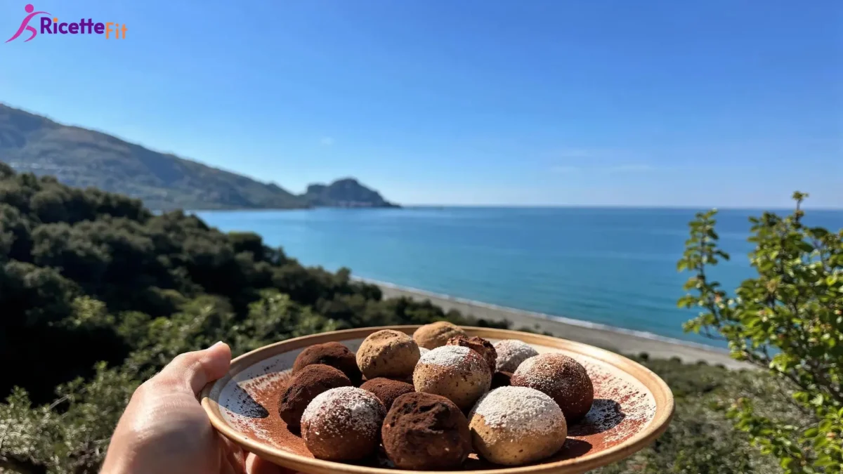 Tartufini al semolino fit con cacao cocco e nocciole vista mare a Cefalù