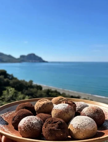 Tartufini al semolino fit con cacao cocco e nocciole vista mare a Cefalù