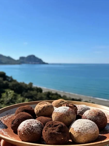 Tartufini al semolino fit con cacao cocco e nocciole vista mare a Cefalù
