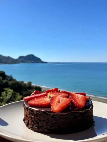 Torta cioccolato e fragole senza uova fit con vista mare a Cefalù
