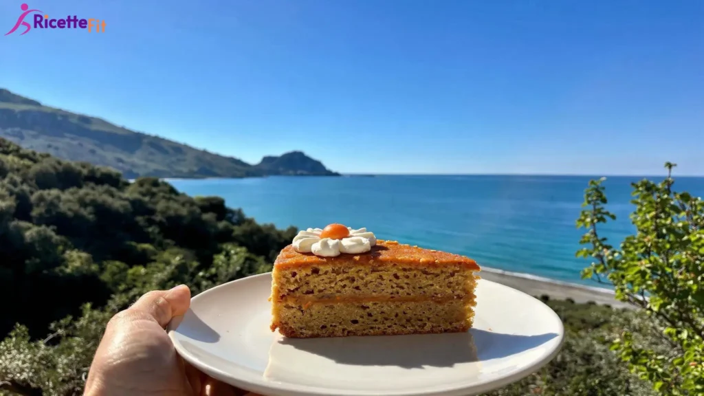 Fetta di torta di carote fit a strati con crema allo yogurt vista mare a Cefalù