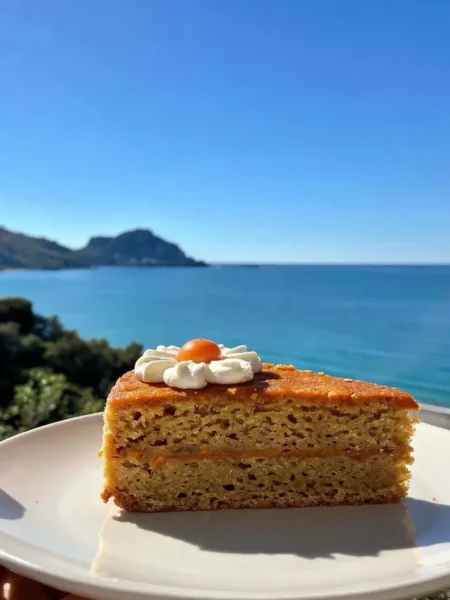 Fetta di torta di carote fit a strati con crema allo yogurt vista mare a Cefalù
