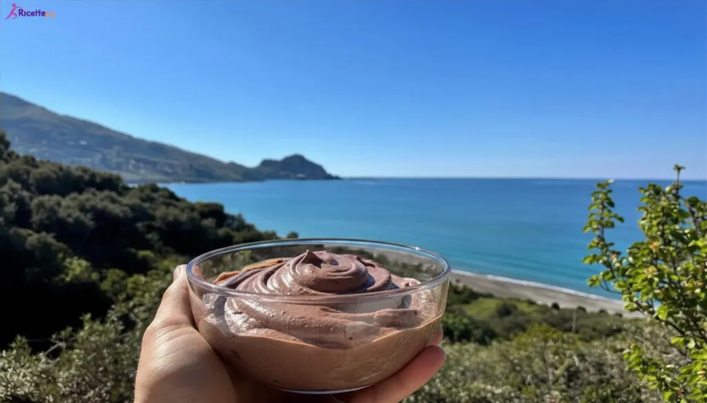 Mousse di albumi al cioccolato fit su piatto con vista mare a Cefalù