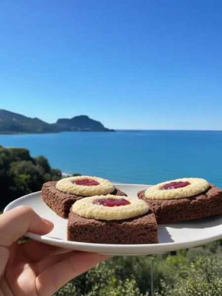 Biscotto fit al cacao con cocco e marmellata vista mare a Cefalù