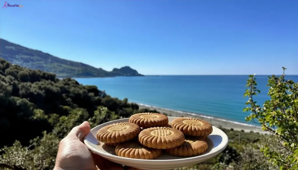 Biscotti vegani integrali su piatto con panorama di Cefalù