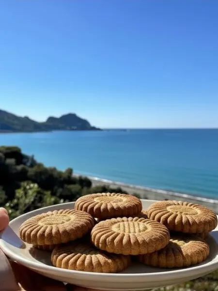 Biscotti vegani integrali su piatto con panorama di Cefalù