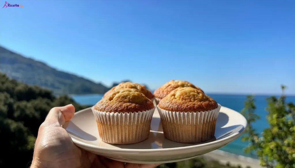 Muffin allo yogurt su piatto bianco con vista mare a Cefalù