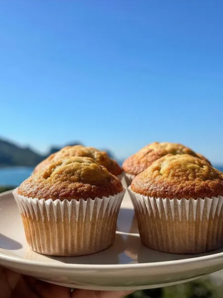 Muffin allo yogurt su piatto bianco con vista mare a Cefalù