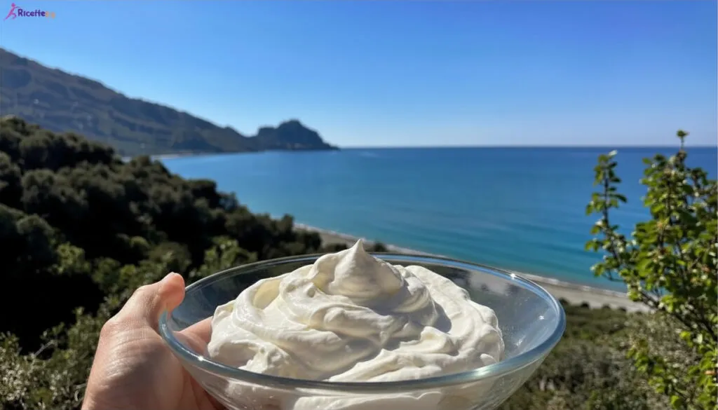 Mousse magra di yogurt su piatto bianco vista mare a Cefalù