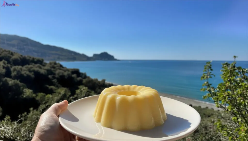 Budino di pastiera light su piatto bianco vista mare a Cefalù