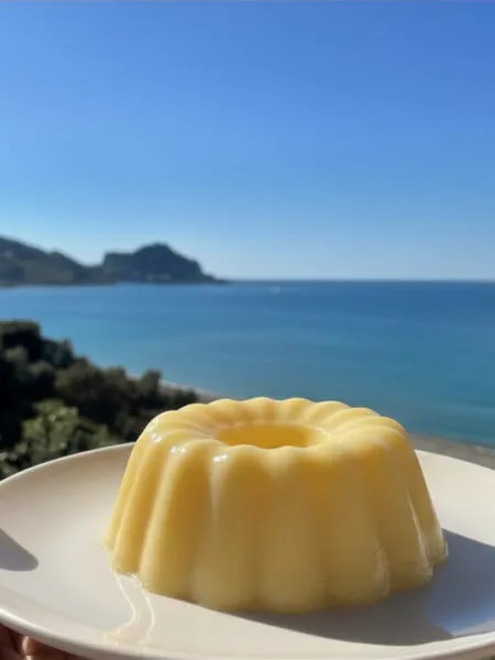 Budino di pastiera light su piatto bianco vista mare a Cefalù
