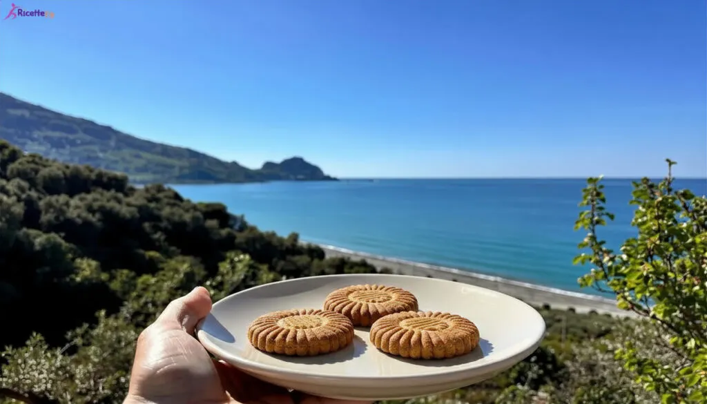 Biscotti vegani integrali su piatto con panorama di Cefalù