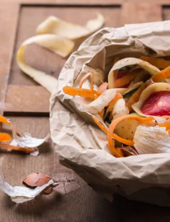 Scarti alimentari di verdure e gusci d’uovo raccolti in un sacchetto di carta, pronti per essere riutilizzati in cucina o trasformati in compost per ridurre gli sprechi alimentari.