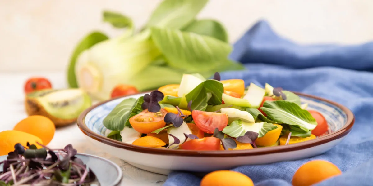 Insalata light estiva con finocchi, pomodorini colorati, agrumi e foglie verdi servita in un piatto su tavola chiara.