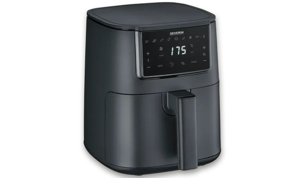 Friggitrice ad aria Severin FR 2461 Black Line nera con display touch digitale e design compatto, ideale per cucinare in modo sano e croccante con poco olio.