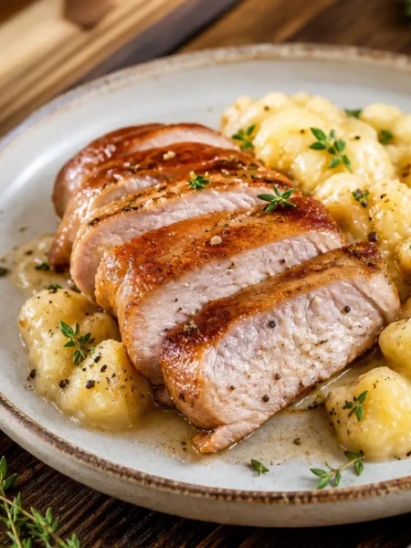 Arrosto di lonza magra a fette con salsa alle mele