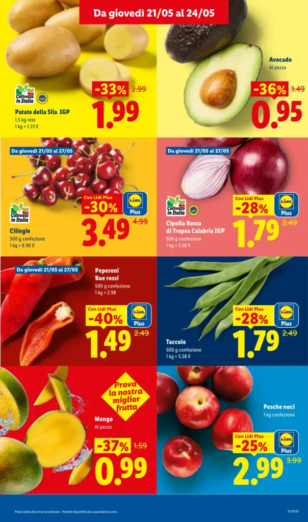 Volantino Lidl con offerte su avocado, patate della Sila IGP, ciliegie, cipolla rossa di Tropea e altra frutta e verdura fresca.