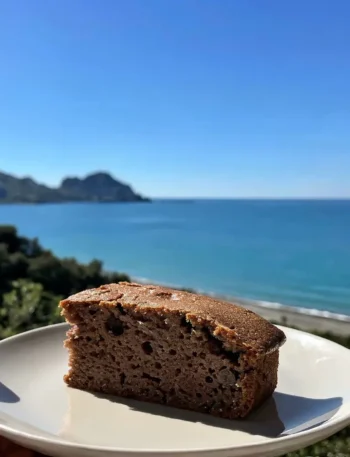Fetta di banana bread senza uova con cioccolato e noci vista mare a Cefalù