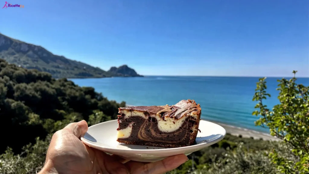 Fetta di banana bread cocco e cacao light davanti al mare di Cefalù