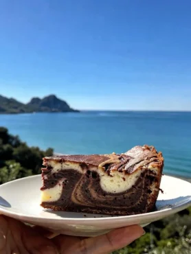 Fetta di banana bread cocco e cacao light davanti al mare di Cefalù
