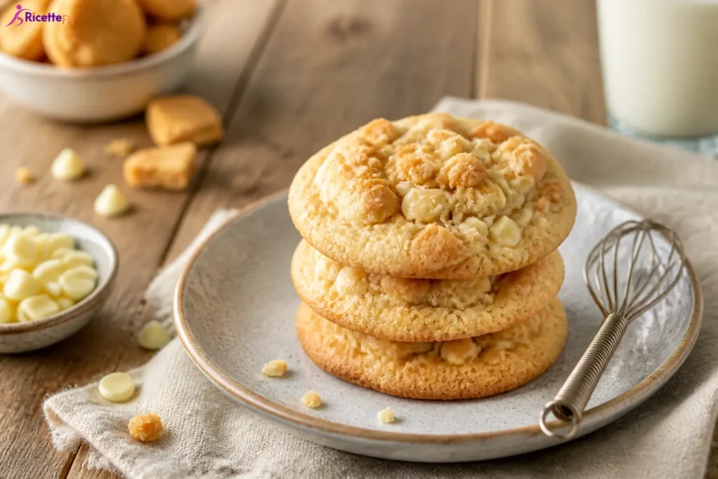 Banana cookies fit con gocce di cioccolato bianco impilati su un piatto