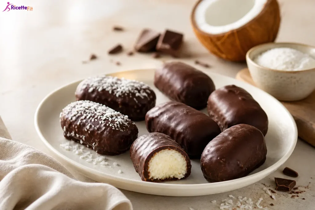 Barrette al cocco senza cottura ricoperte di cioccolato fondente