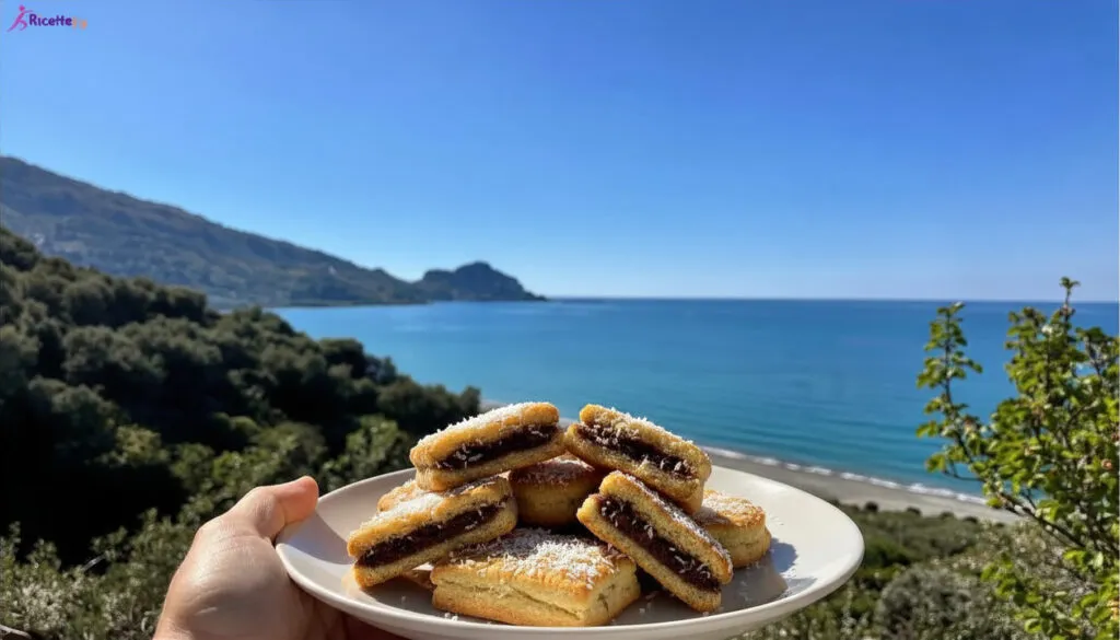 Biscotti al cocco farciti vegan su piatto con mare di Cefalù