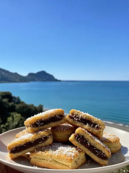Biscotti al cocco farciti vegan su piatto con mare di Cefalù