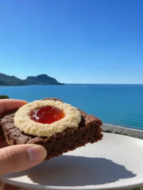 Biscotto fit al cacao con cocco e marmellata vista mare a Cefalù