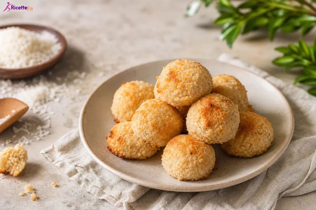 Biscottini proteici al cocco dorati su piatto