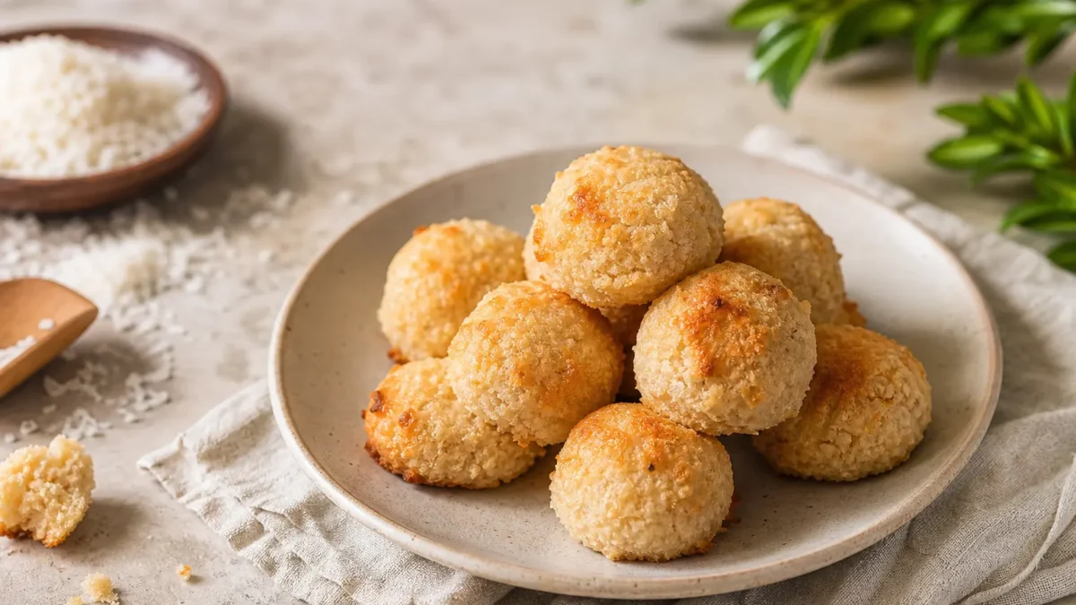 Biscottini proteici al cocco dorati su piatto