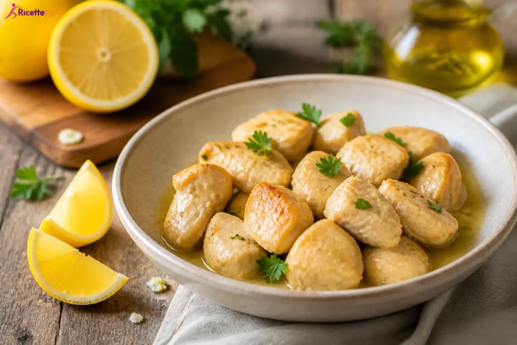 Bocconcini di pollo al limone fit in ciotola con prezzemolo