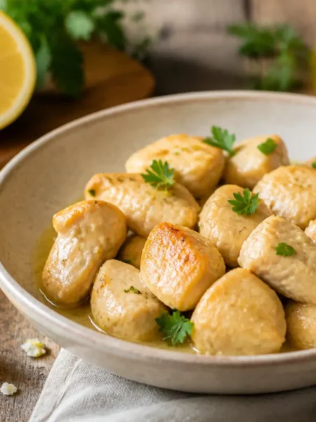 Bocconcini di pollo al limone fit in ciotola con prezzemolo