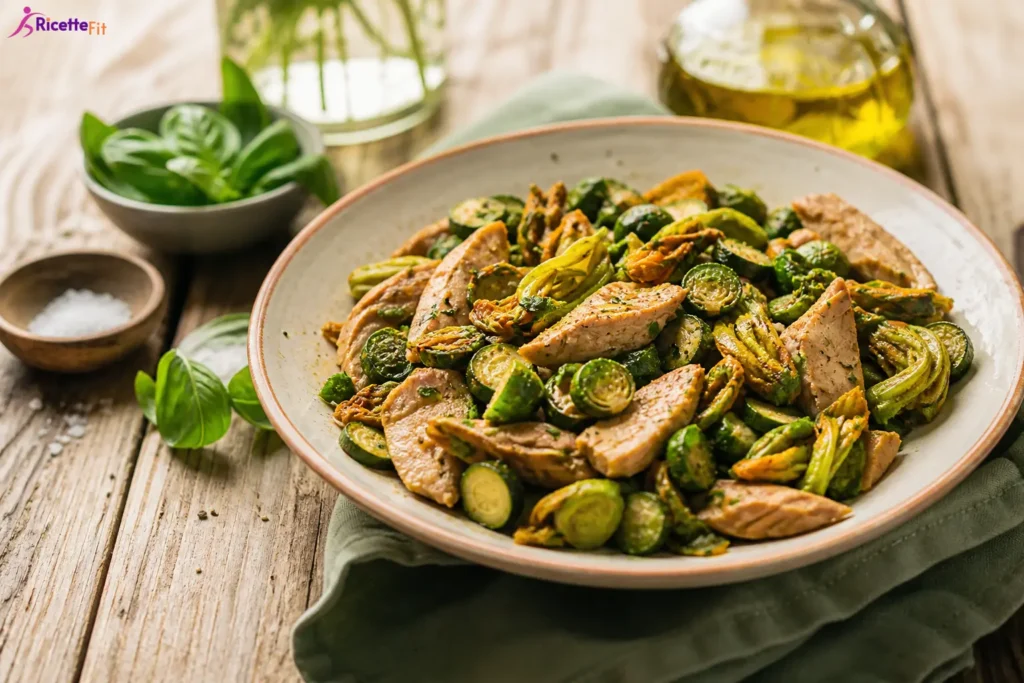 Bocconcini di salmone al tè verde con zucchine, cavoletti e fiori di zucca