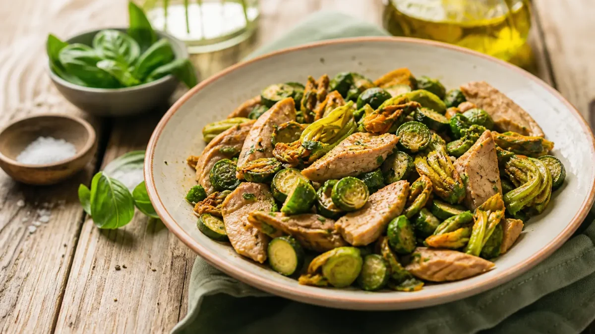 Bocconcini di salmone al tè verde con zucchine, cavoletti e fiori di zucca
