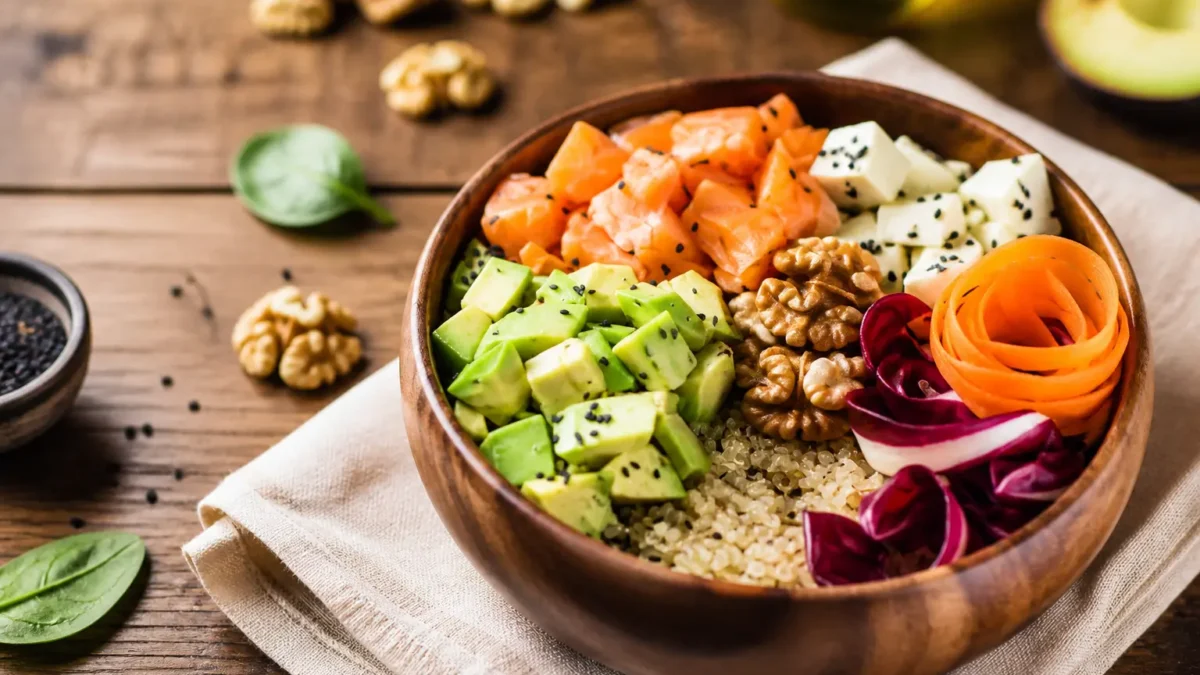 Bowl salmone avocado quinoa con feta, verdure e noci