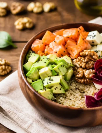 Bowl salmone avocado quinoa con feta, verdure e noci