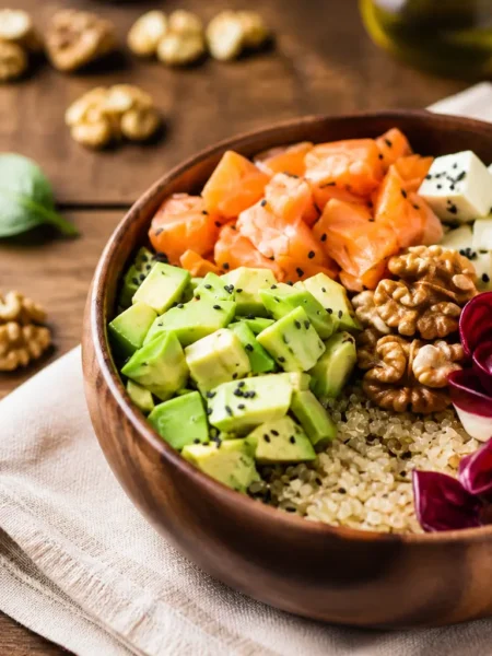Bowl salmone avocado quinoa con feta, verdure e noci