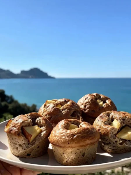 Brioche integrali di albumi con mele su piatto vista mare a Cefalù