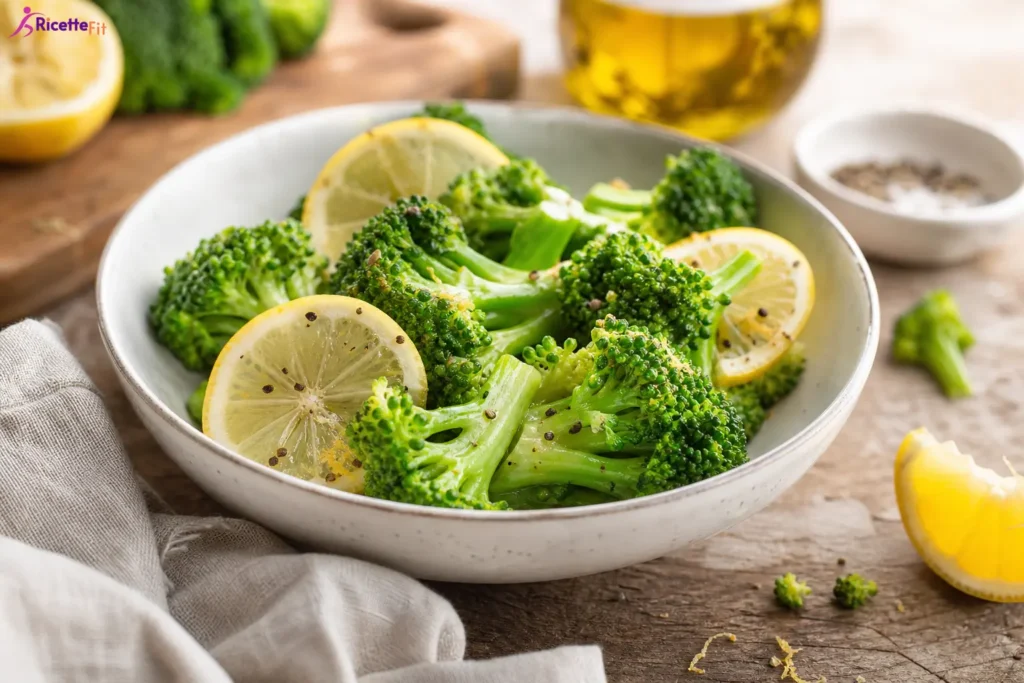 Broccoli al vapore con limone, olio extravergine e pepe nero