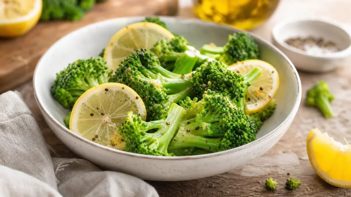 Broccoli al vapore con limone, olio extravergine e pepe nero