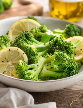 Broccoli al vapore con limone, olio extravergine e pepe nero