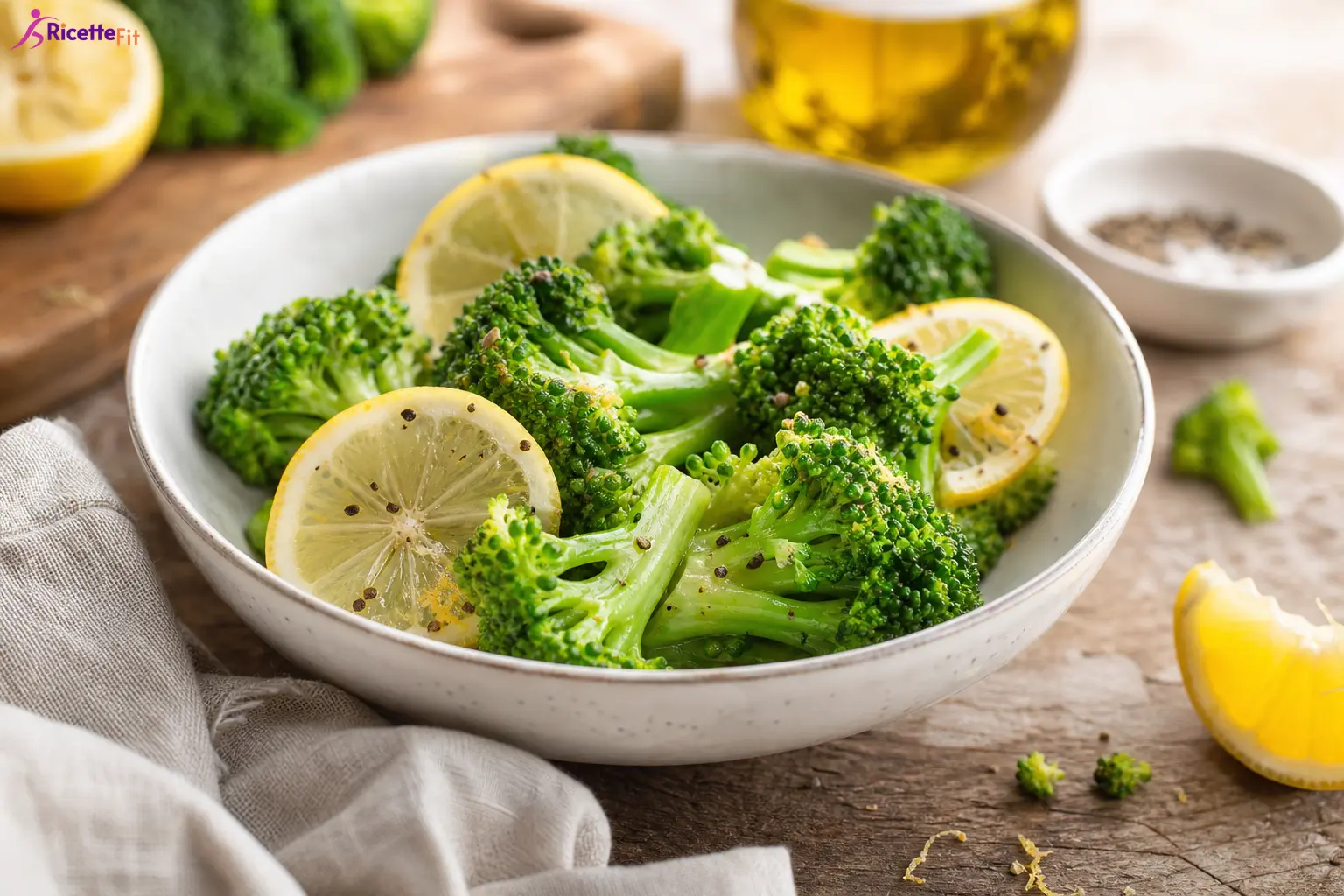 Broccoli al vapore con limone, olio extravergine e pepe nero