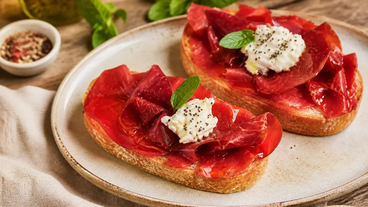 Bruschette fit con bresaola, ricotta light, semi di papavero e menta fresca