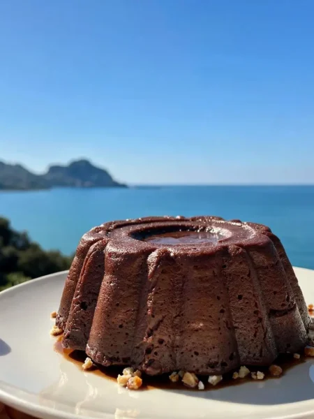Budino al cioccolato senza uova fit con nocciole davanti al mare di Cefalù