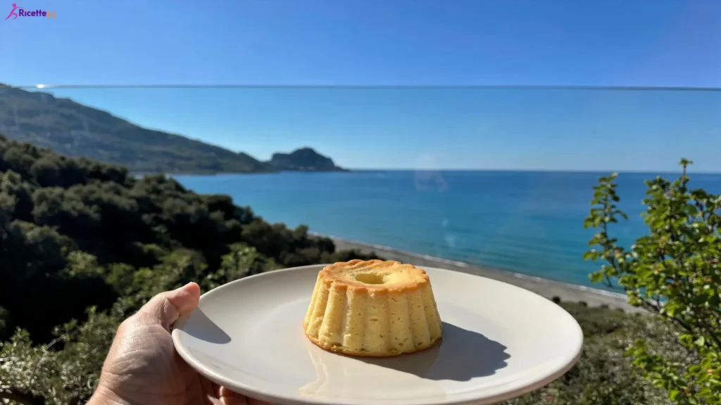 Budino di pastiera light su piatto bianco vista mare a Cefalù