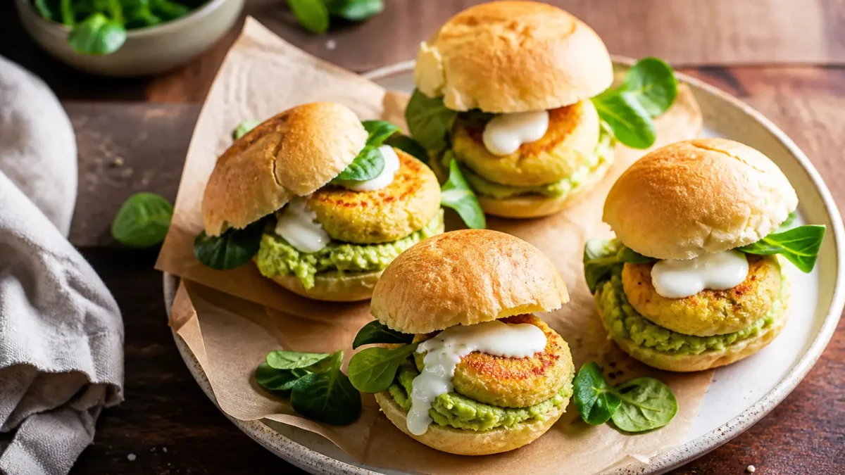 Mini burger di ceci e salmone con avocado, valeriana e salsa allo yogurt